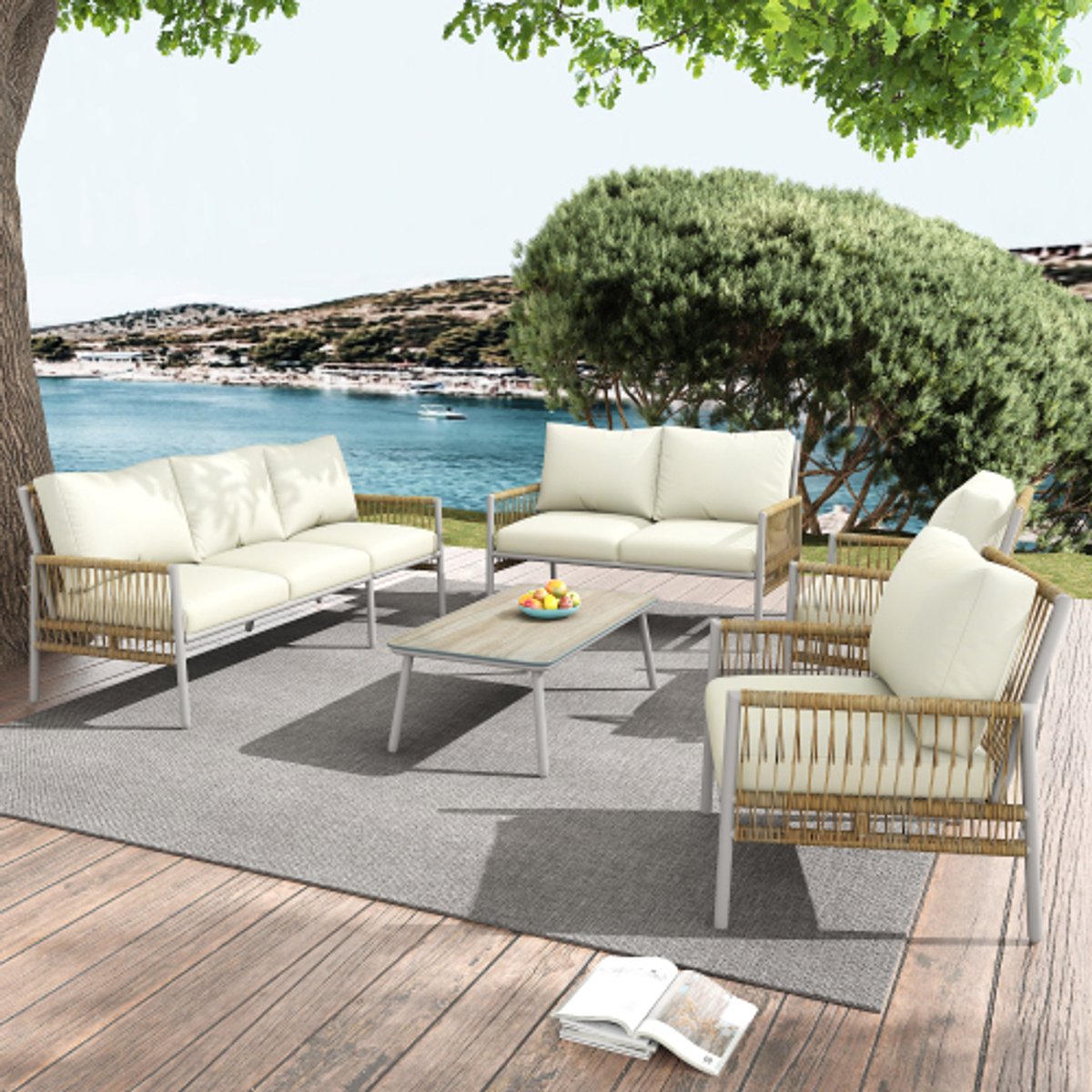 Tuinmeubelset 7-zits, 7 zitplaatsen, 1 salontafel, PE-rotan, gegalvaniseerde stalen buis, gehard glas (imitatie van massief houtnerf), zitkussens afneembaar en wasbaar, beige Tuinmeubelset 7-zits, 7 zitplaatsen, 1 salontafel, PE-rotan, gegalvaniseerde stalen buis, gehard glas (imitatie van massief houtnerf), zitkussens afneembaar en wasbaar, beige - Afbeelding 1