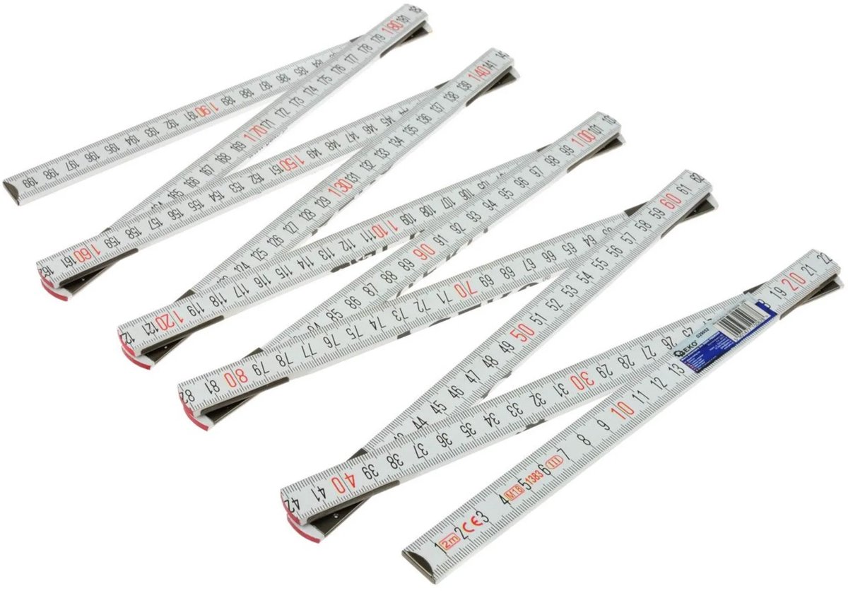 GEKO Houten vouwmeter - 2 meter - 10 delen - wit - nauwkeurigheid klasse III