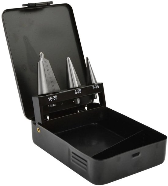 Coffret de forets à métaux HSS GEKO - réglable en continu - 3-30 mm - support métallique - 3 pièces