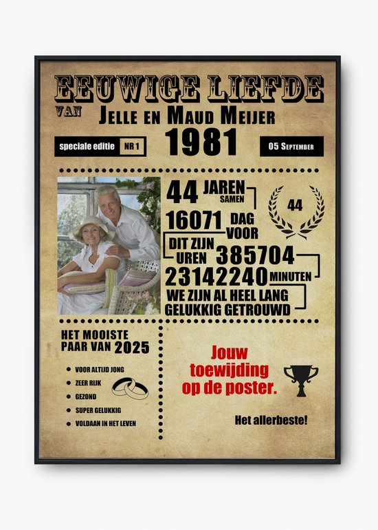 Gepersonaliseerde Huwelijksjubileum Poster – Krantstijl Cadeau met Foto, Namen & Datum – Origineel Cadeau voor 25, 30, 40, 50 Jaar Getrouwd