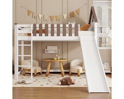 Gutent Kinder zolderbed - met dak en raam - Drie rechte treden - met Glijbaan - Grenen + MDF - Wit + Walnoot - 90x200cm - Geen matras- Geen decoratie onder het bed