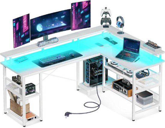 Coleshome Gaming Bureau L vorm met LED & Stopcontacten, 120x80cm Hoekbureau met Legplank Omkeerbaar & Monitorstandaard Hoekbureau voor Kantoorstudie, Zwart