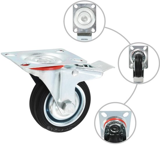 Roulettes vidaXL 75 mm - Set de 8 - Avec frein - Roulettes pivotantes - Roulettes à rouleaux - Roulettes de Roues de transport - Roues pivotantes - Roues noires