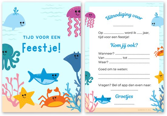 Uitnodiging kinderfeestje zwemmen - 10 stuks - Uitnodiging verjaardag - Inclusief enveloppen - Uitnodiging zwemfeestje - Dieren - Zee