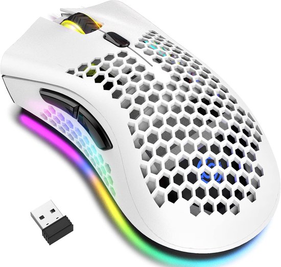 StayPowered Honeycomb Bluetooth Gaming Muis - Lichtgewicht en Draadloos voor Ongeëvenaarde Snelheid - 5 RGB Verlichtingsmodi - Instelbare DPI tot 3200 - Dual-Mode Connectiviteit - Ergonomisch Ontwerp - Wit - Levering Sneller dan Aangegeven!
