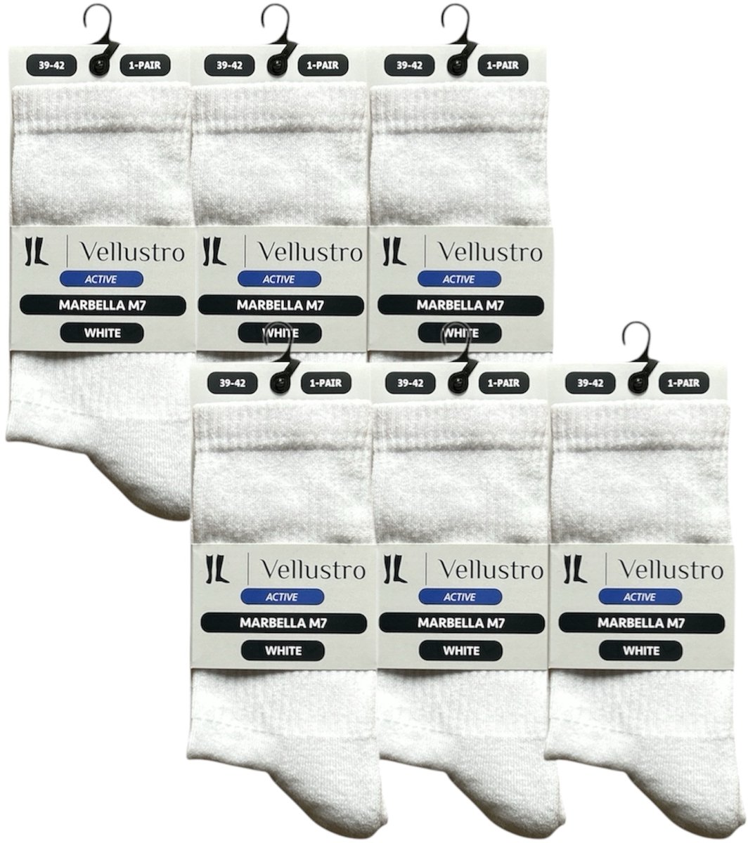 Vellustro® Marbella M7 Tennissokken - 6 Paar - Padel sokken - Sportsokken - Hardloopsokken - Maat 39-42 - Wit - Naadloos - Dames & Heren Sportsokken - Meerdere Maten en Kleuren