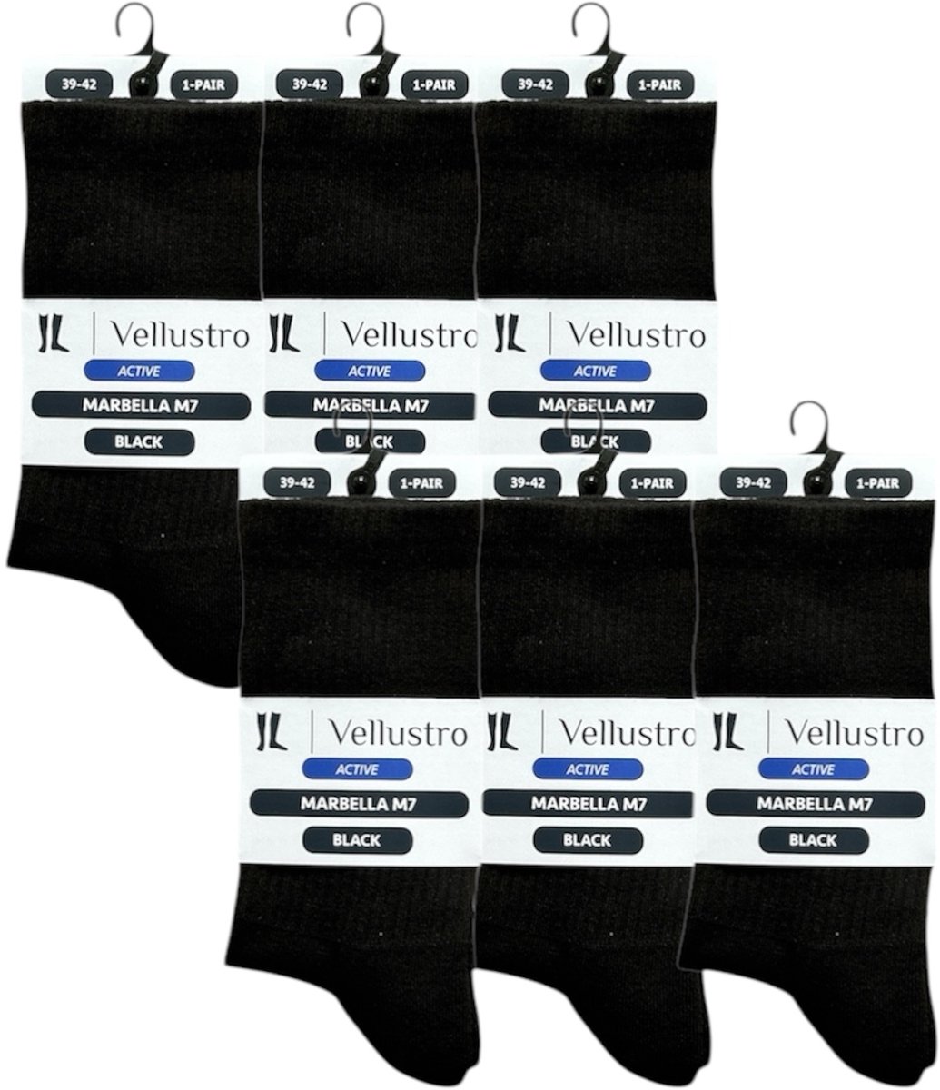 Vellustro® Marbella M7 Tennissokken - 6 Paar - Padel sokken - Sportsokken - Hardloopsokken - Maat 39-42 - Zwart - Naadloos - Dames & Heren Sportsokken - Meerdere Maten en Kleuren