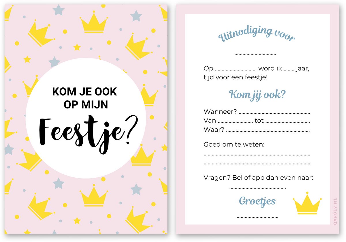 Uitnodiging kinderfeestje meisje - 10 stuks - Uitnodiging verjaardag - Inclusief enveloppen - Uitnodiging prinsessenfeest - Hippe print - Kroon