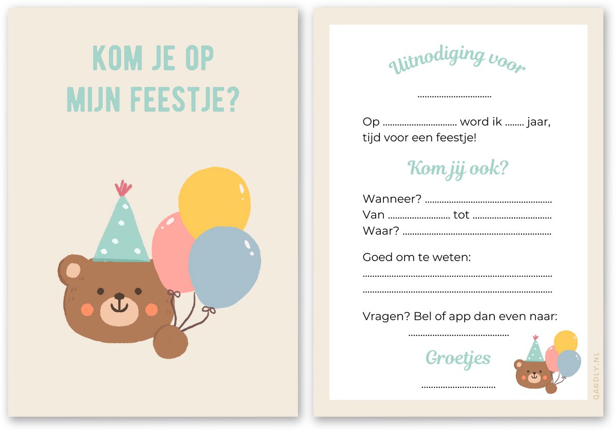 Uitnodiging kinderfeestje beer - 10 stuks - Uitnodiging verjaardag - Inclusief enveloppen - Uitnodiging berenfeestje - Dierenfeestje