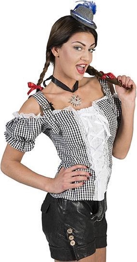 Funny Fashion - Boeren Tirol & Oktoberfest Kostuum - Zwart Wit Ruitjes Hemd Hubsche Hannah Vrouw - - Maat 36-38 - Bierfeest - Verkleedkleding
