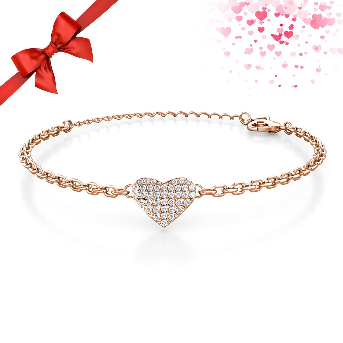 Shoplace Hart armband dames rond met Swarovski® kristallen - Gold plated - Schakelarmband - Cadeau voor vrouw - 20cm - Roségoud kleurig