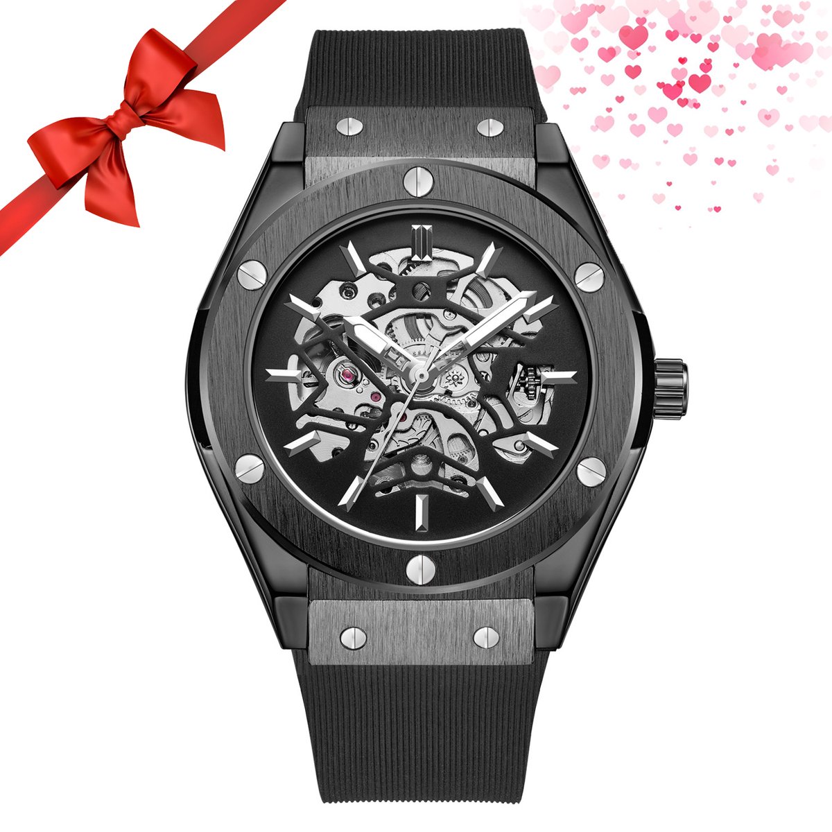 Shoplace Horloges voor mannen - Heren horloge - Watch - Mechanisch - Cadeau voor man - Geschenkset Leer - Zwart