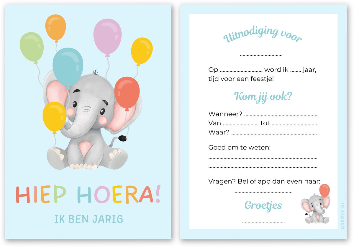 Uitnodiging kinderfeestje olifant - 10 stuks - Uitnodiging verjaardag - Inclusief enveloppen - Uitnodiging olifanten feestje - Dierenfeestje - Safari