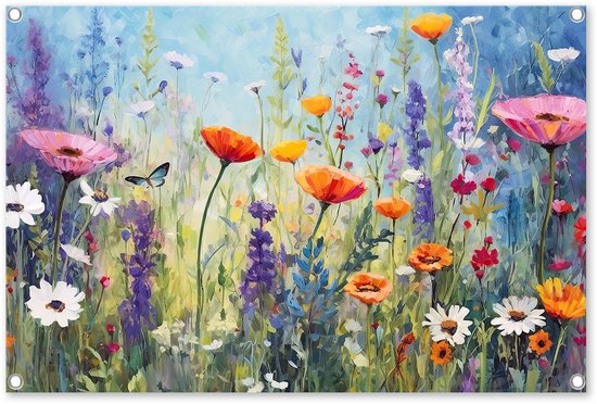 Graphic Message - Schuttingdoek inclusief Spanners - Dans der Lente - Bloemen - Bloemenveld - Tuindoek - Outdoor Tuin Poster - Buiten Doek - Waterbestendig - Waterdicht - Waterproof - Schutting Tuinposter - Lente Landschap - Tuindecoratie