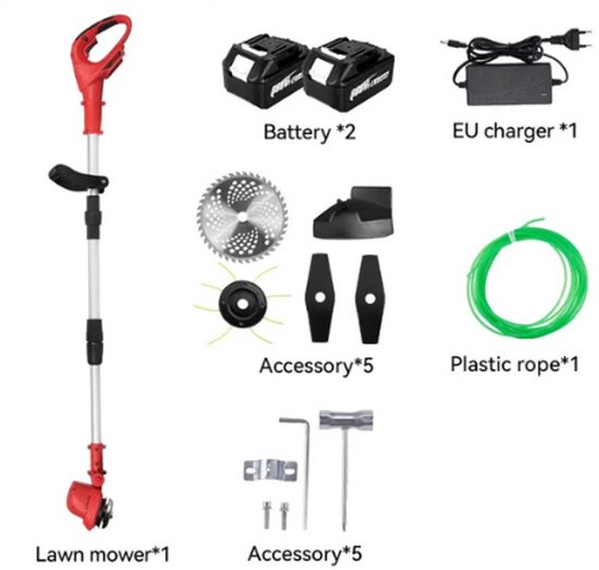 Elektrische Bosmaaier, Draadloze Grastrimmer, Accu-Grastrimmer, Met 2x 24V 2,0 Ah Batterij En 5 Soorten Messen,90° Draaibare Kop,100-130 cm Telescoopsteel,Afneembare Hulpwiel,Voor Gazon Tuin Snoeien