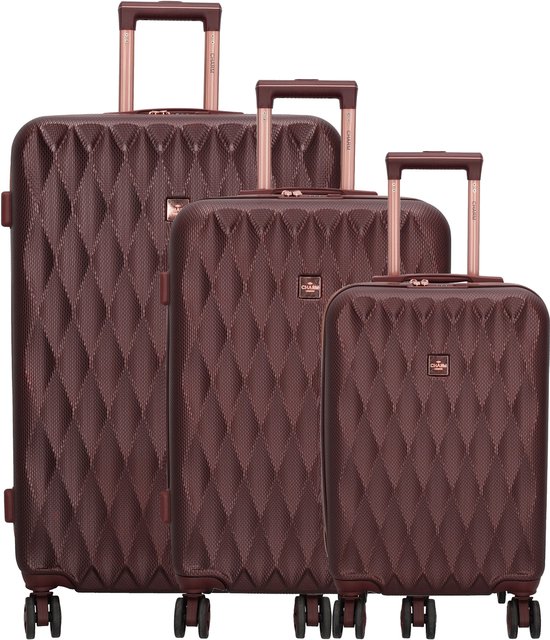 Drie bordeauxrode koffers van Charm London met ruitpatroon en roségouden handvatten.