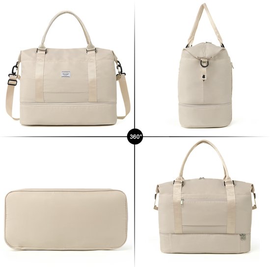 Sac de voyage TAN.TOMI - Sac de sport pour femme et homme - 46 x 23 x 32 cm - Avec housse Smart pour valise - Sac à Bagage à main - Avec compartiment à chaussures et bandoulière amovible - Beige