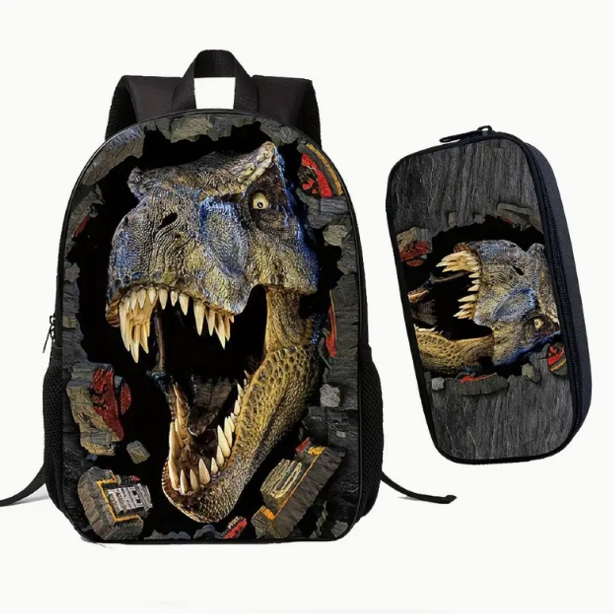 T-Rex Rugzak met Etui voor Kinderen | Stoere Dinosaurussen Schooltas met 3D Dino Print | Rugzak en Pennenzak Set voor Jongens | Kinderrugzak Basisschool | 20 Liter