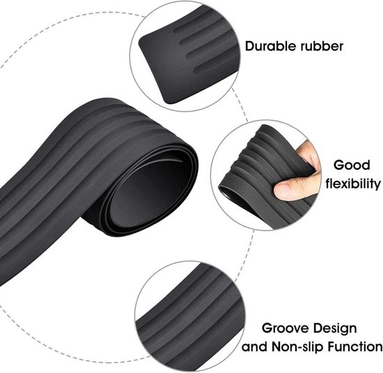 Zwarte, opgerolde beschermstrip met groeven, toont duurzaam rubber, flexibiliteit en antislip ontwerp.