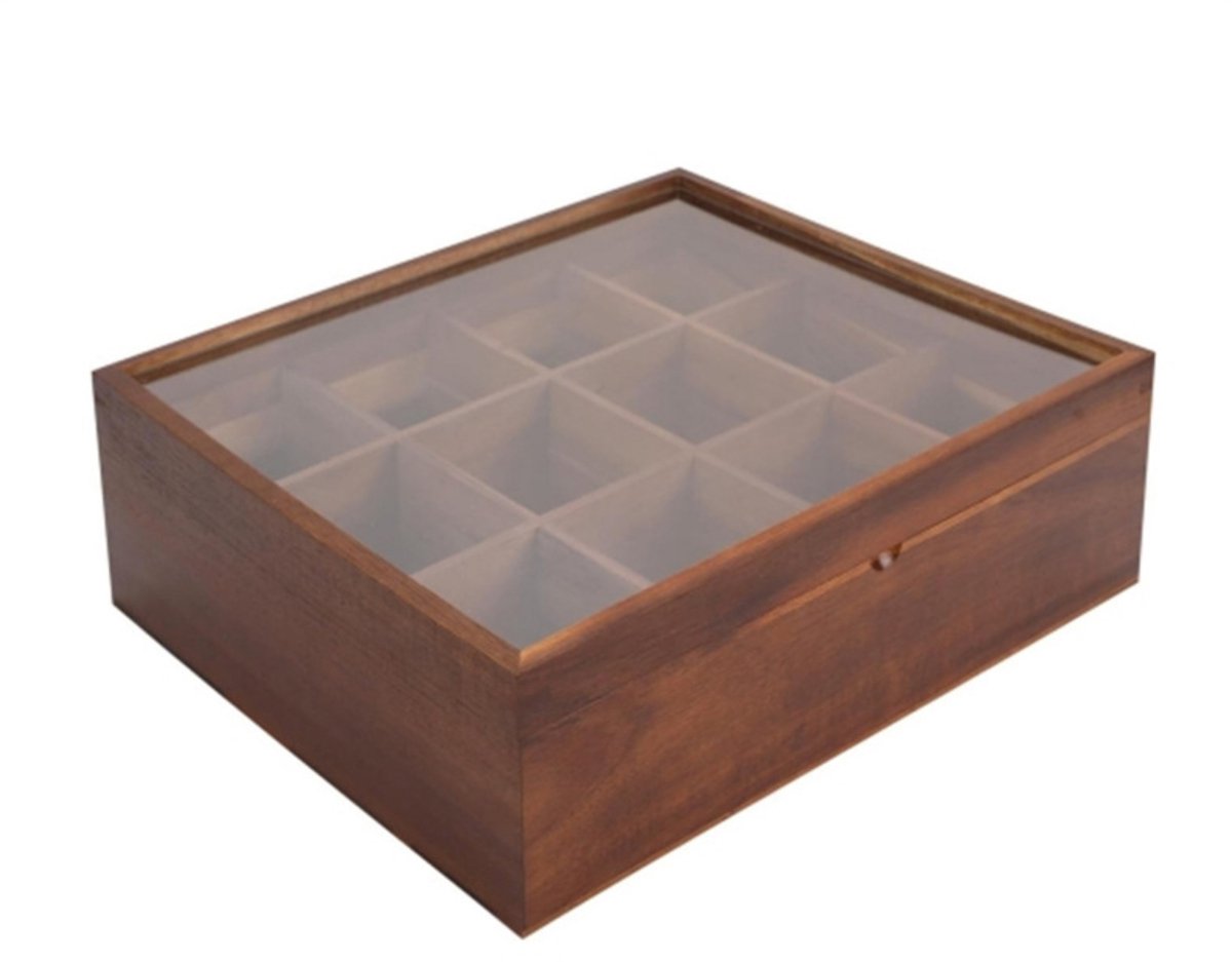 LifeLux Luxe Acaciahouten Theebox – 12 Vakken | Duurzame Houten Theedoos met Transparante Bovenkant | Stijlvolle Opbergdoos voor Theezakjes — cadeau in Wonen & Interieur - foto 5