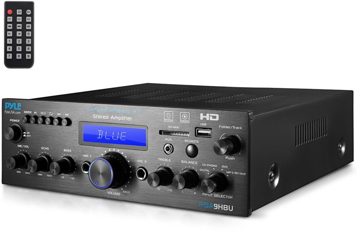 Pyle Bluetooth Audio Versterker voor Thuis - Multi-Kanaals Stereo Versterker - Draadloos - 200W - HDMI - FM Radio - USB, SD, AUX, RCA, Microfoon-ingang - Afstandsbediening