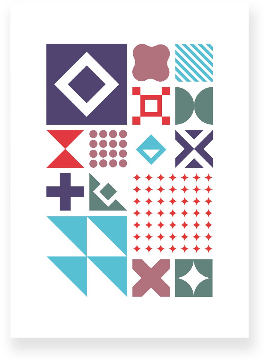 Poster 50x70 cm - Grote Geometrische Vormen - Blauw - Rood - Groen - Abstract - Vintage - Muurdecoratie - Wanddecoratie