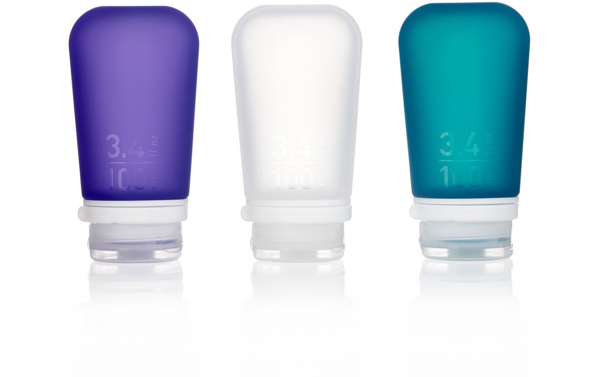 Human Gear - GoToob+ 3-Pack - reisflesje - flacon - lekvrij - herbruikbaar - lichtgewicht - Large -100ML - Clear/Purple/Teal