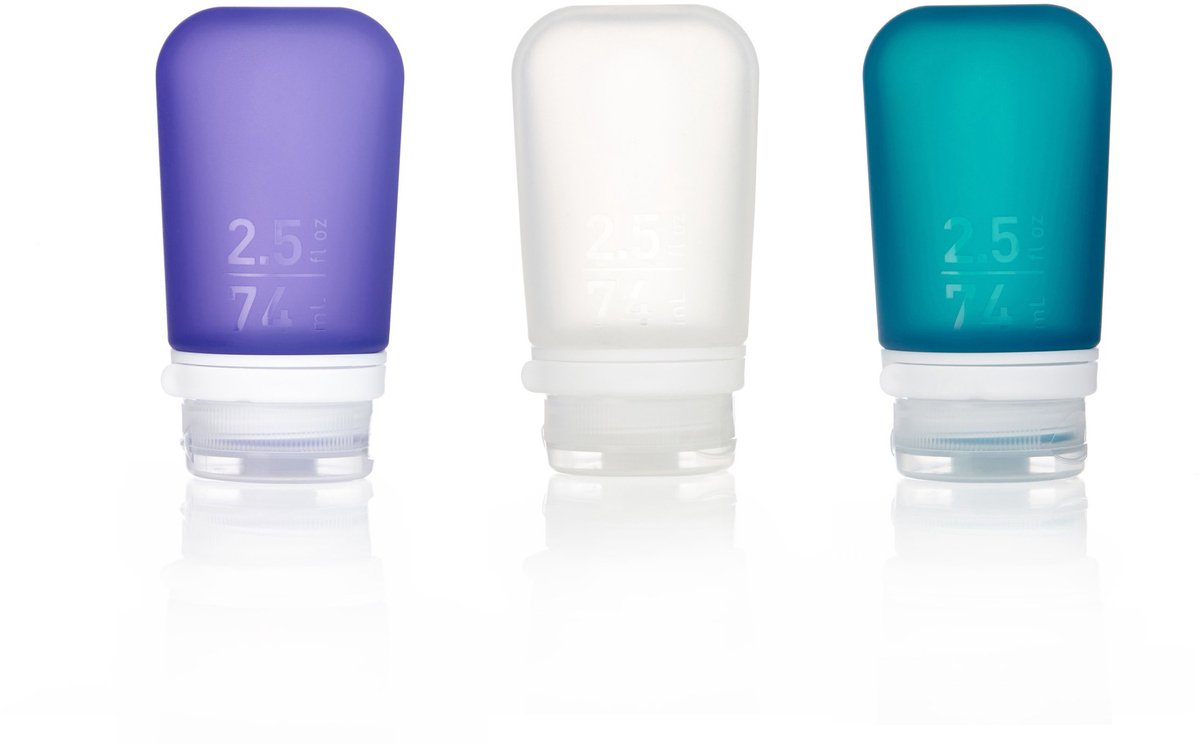 Human Gear - GoToob+ 3-Pack - reisflesje - flacon - lekvrij - herbruikbaar - lichtgewicht - Medium - 74ML - Clear/Purple/Teal