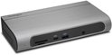 Kensington docking station, zilverkleurig, geborsteld metaal, met SD-kaartlezer, USB-poorten en audio-aansluiting.