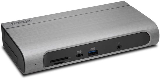 Kensington docking station, zilverkleurig, geborsteld metaal, met SD-kaartlezer, USB-poorten en audio-aansluiting.