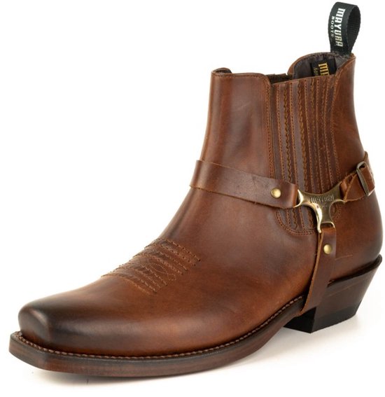 Heren Western Enkellaarzen Gesp Riem Laarzen Retro Leer Vierkante Teen Cowboy Korte Laarzen Cowboy Motorlaarzen, bruin, 46 EU