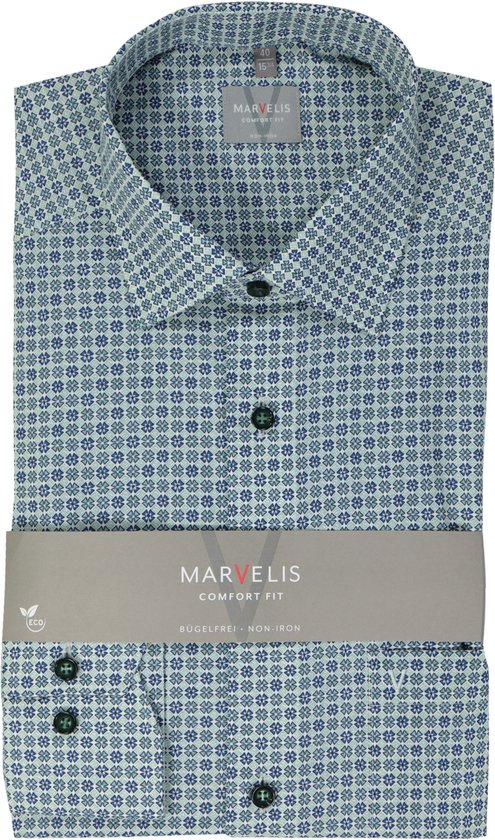 MARVELIS comfort fit overhemd - popeline - groen dessin - Strijkvrij - Boordmaat: 41