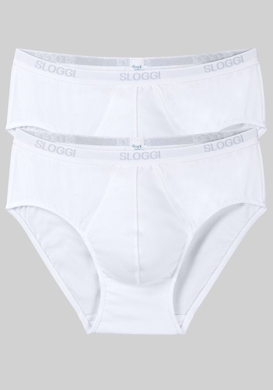 Twee witte Sloggi midi slips op elkaar. Grijze merknaam op de tailleband.