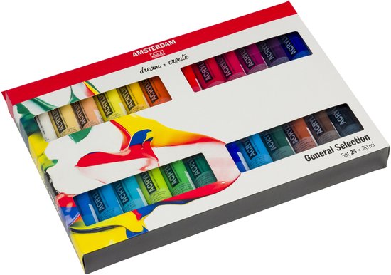 Doos met 24 tubes Amsterdam acrylverf, 'General Selection', met een kleurrijke abstracte print.