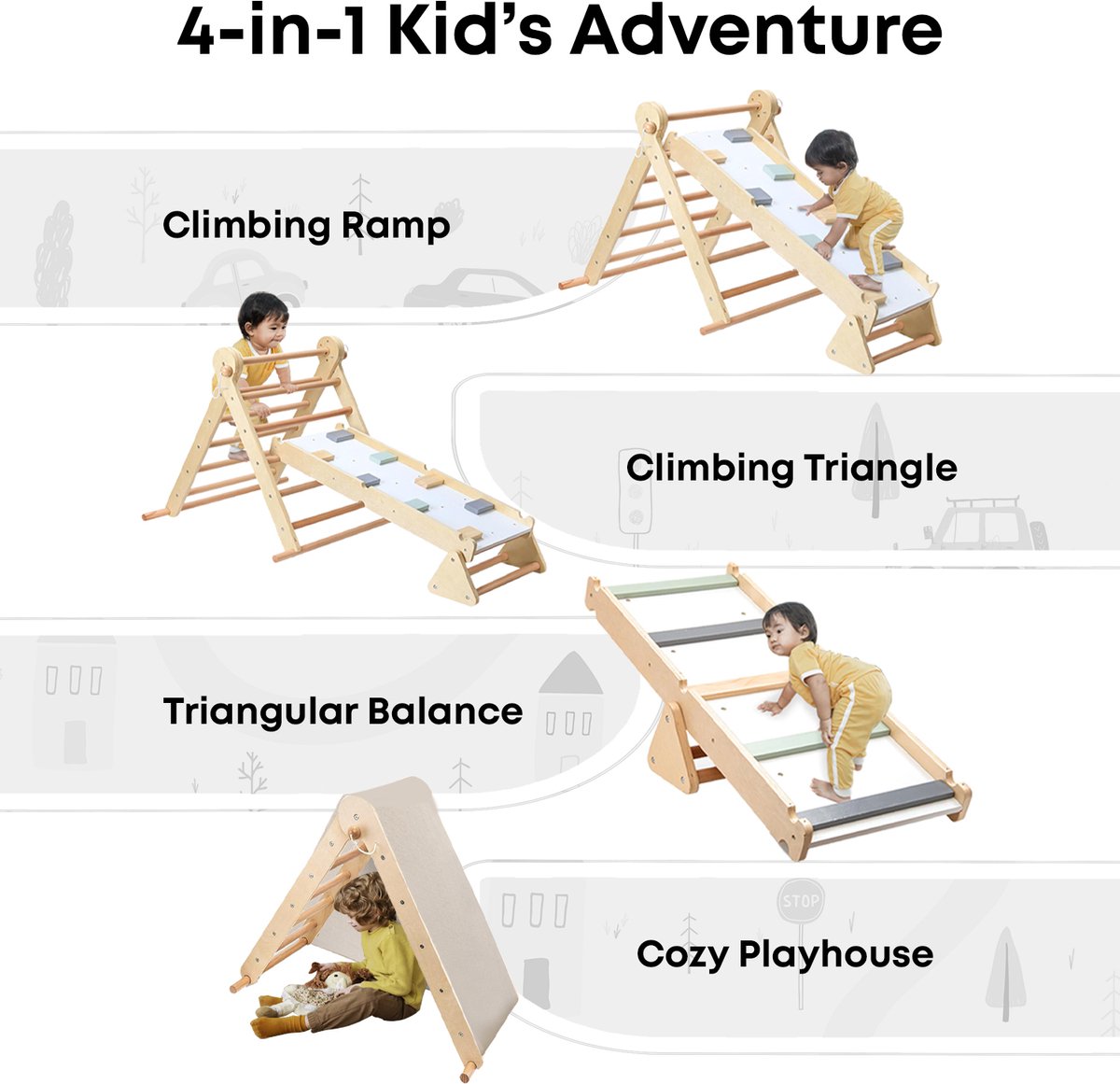 Mamabrum Houten Klimrek - Binnen Speeltuin - 2in1 Rocker, Ladder en Klimmuur, 9 Sporten, Dubbelzijdige Board, Klimladder — afbeelding 6