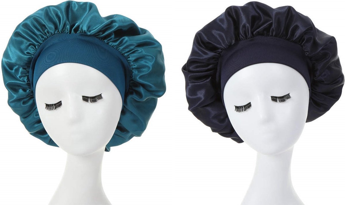 2 Stuks – Satijnen Dames Slaapmutsen (Bonnet) – Indigo Blauw & Zwart – Anti-Pluis & Comfortabel