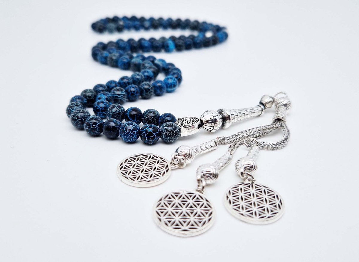Handgemaakte tesbih "Tasbih" natuursteen " Blauwe harmonie" - Aantal kralen 99 - Diameter kralen 8MM - met metaal tassel "Harmonie" - Een mooi cadeau-idee