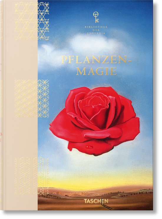 Boek 'Pflanzen-Magie. Bibliothek der Esoterik' met een rode roos op een blauwe lucht.