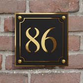 Huisnummerbord vierkant met elegant kader - zwart/goud - RVS afstandshouders - 25 cm