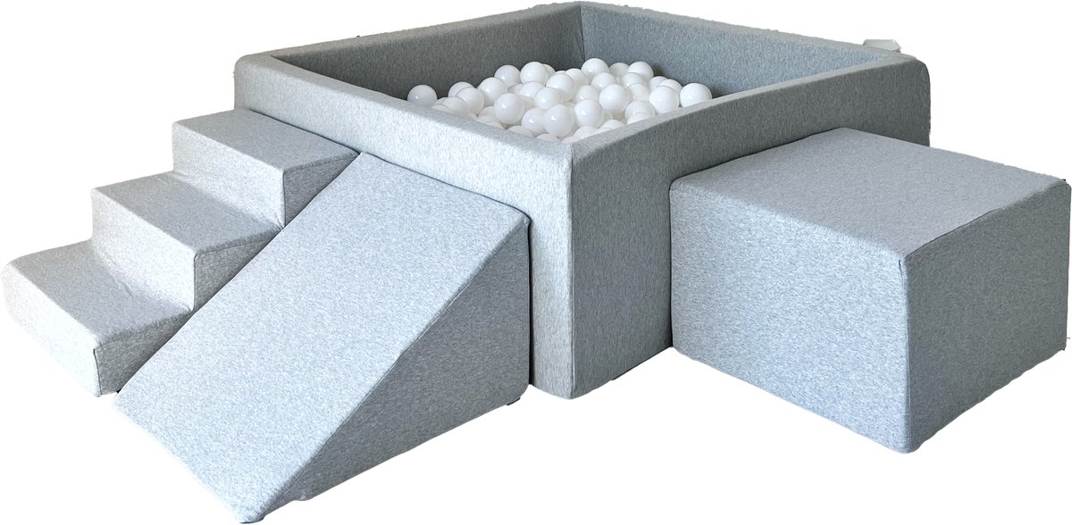 Ballenbad - Ballenbak - Moje - Katoen Light Grey - Vierkant Mety 3 Speel Elementen Met 400 Witte Ballen