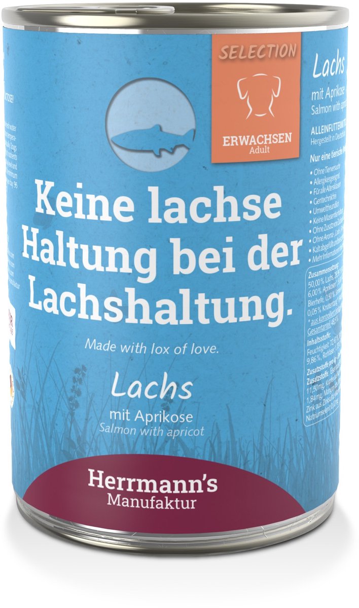 Herrmann’s Bio Adult Honden Blikvoeding – Zalm met Abrikoos – 400 g Herrmann’s Bio Adult Honden Blikvoeding – Zalm met Abrikoos – 400 g