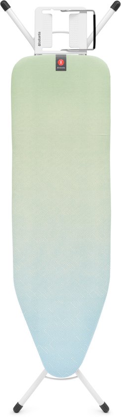 Strijkplank met groen naar blauw verlopende hoes en metalen strijkijzerhouder bovenaan.