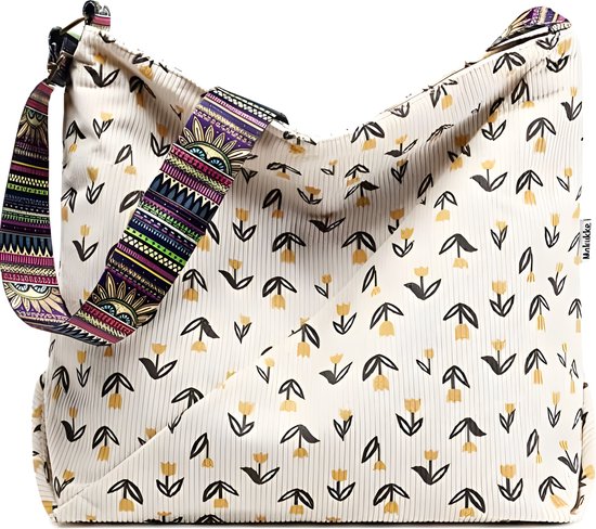 Vintage Casual Corduroy Tote Tassen Dames, Shopper Tote Bag met Rits en Meerdere Vakken, Crossbody Tas voor Vrouwen Reizen Schoudertassen Handtassen(Crèmewit
