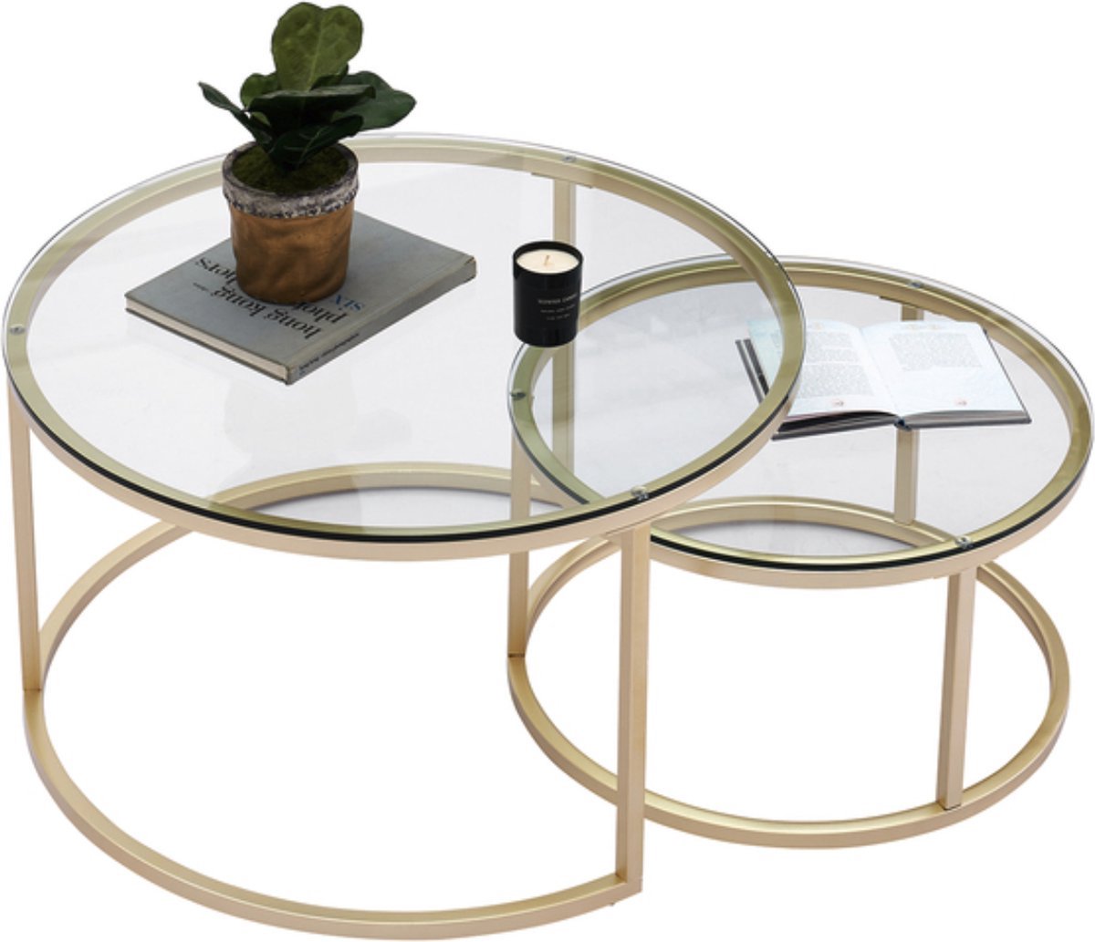 Bolt Edge Salontafel - Set van 2 - Rond - Glas Goud - Landelijk - Woonkamer