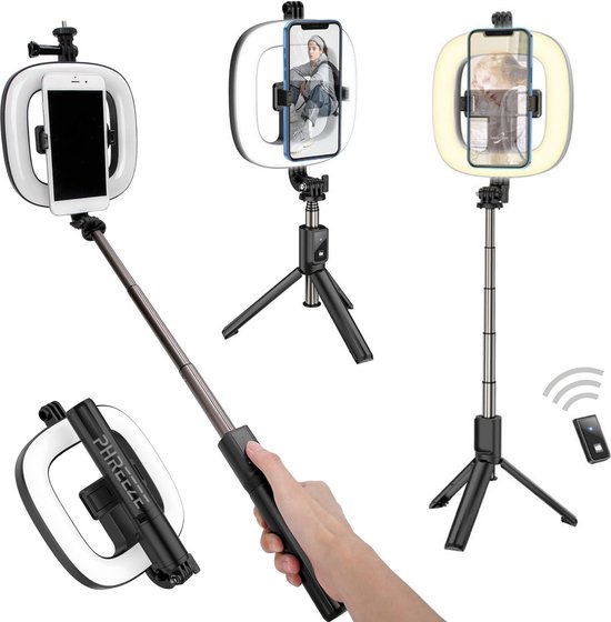 3-in-1 Selfiestick met LED lamp - TriPod - Telefoonstatief - Bluetooth Afstandsbediening - Selfie Stick Verstelbare Hoogte 19 t/m 90 CM - Universeel