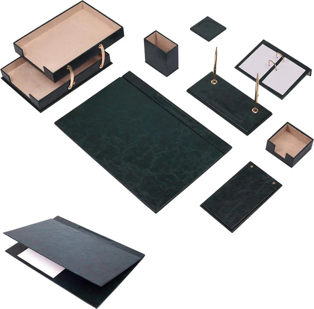 Lederen bureau Set - GROEN - Bureau accessoires Set - 10 Accessoires - Office Desk Organizer Set - handgemaakte lederen bureau set - Manager Gift