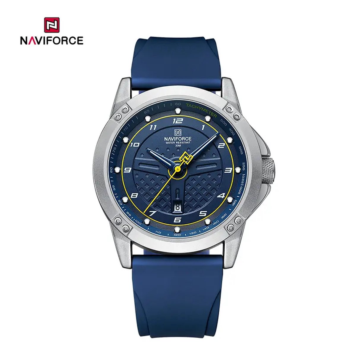 NAVIFORCE horloge voor mannen, met blauwe siliconen polsband, mat zilveren uurwerkkast, blauwe wijzerplaat met gele wijzers ( model 8031 SBEBE ), verpakt in mooie geschenkdoos
