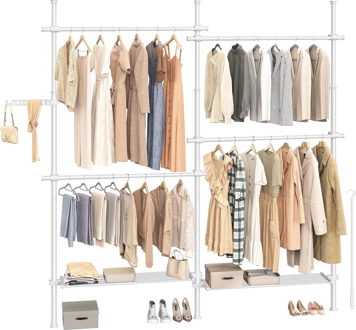 FurnStar Telescopische Kledingstandaard – 3-Traps Garderobe – Verstelbaar in Hoogte en Breedte – Open Kledingkast met 4 Stangen & 2 Planken – Grijparm – Mat Wit