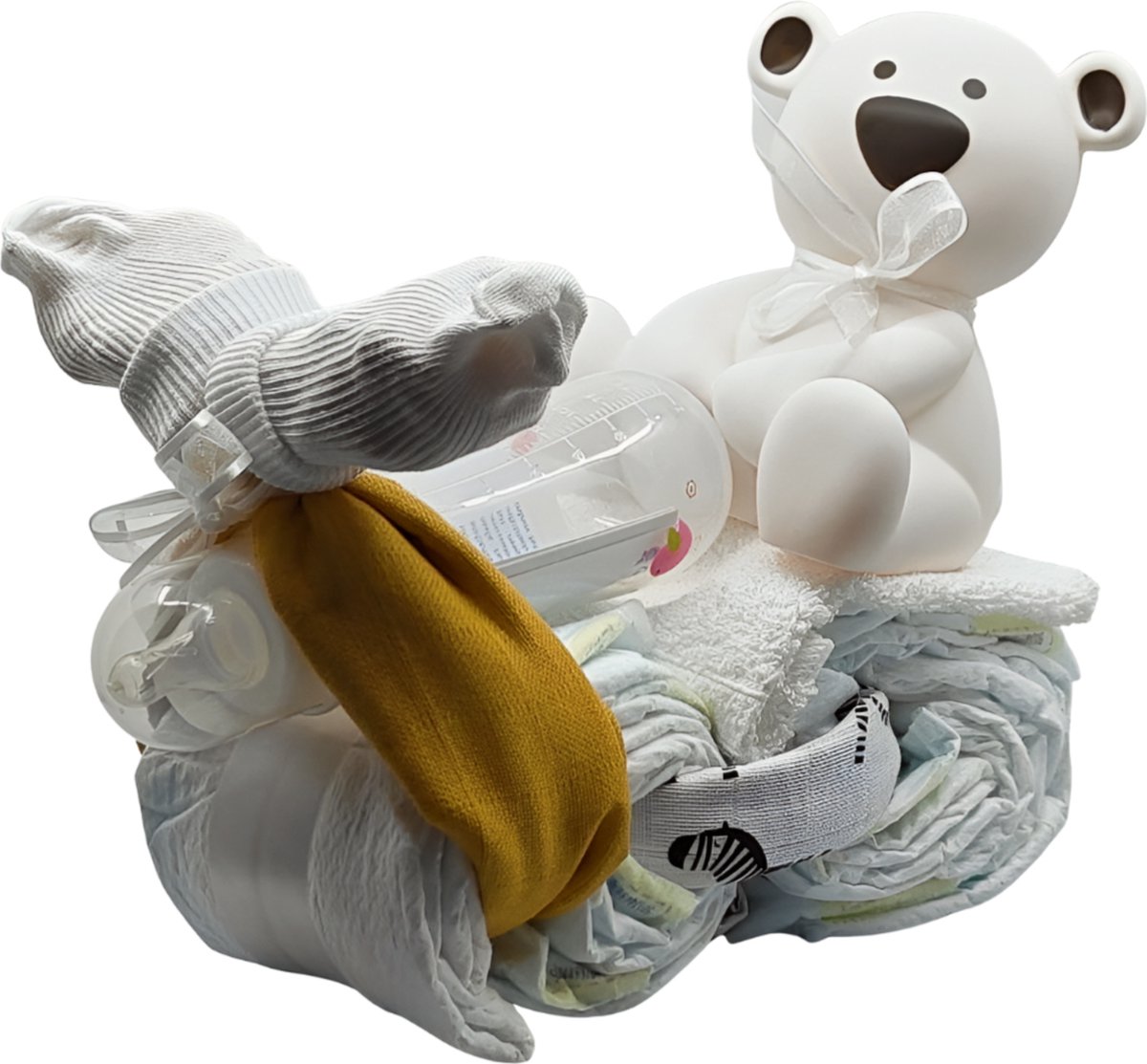 De Zoetebekjes® - Luiertaart - Pampertaart - Kraamcadeau - Sleesloeber - Geel - Oker
