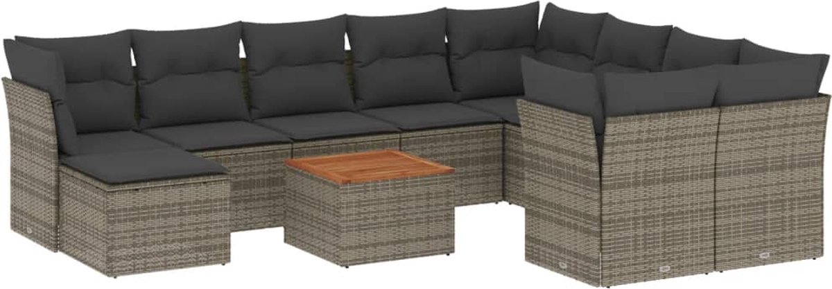 The Living Store 11-delige Loungeset met kussens poly rattan grijs - Loungeset - Tuinlounge - Buitendining - Lounge Set - Tuinmeubels